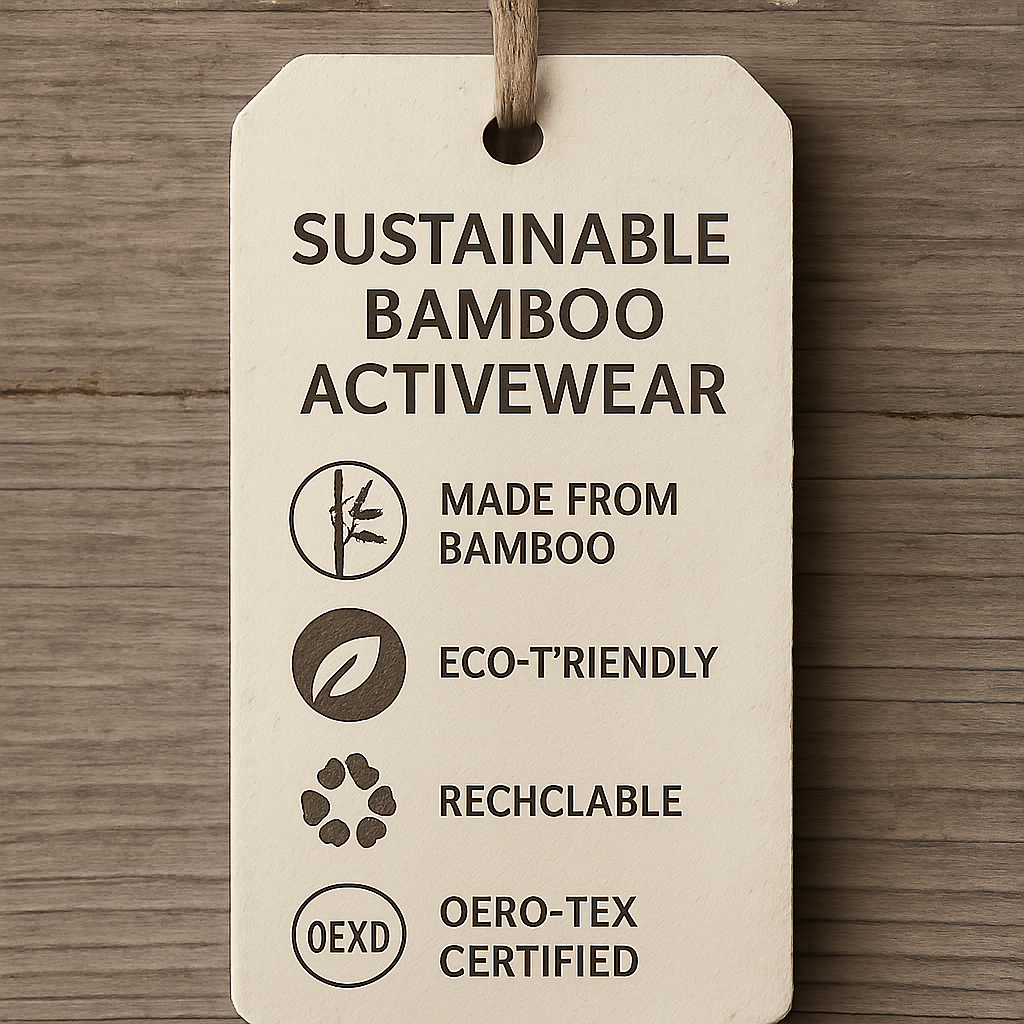 A tag on sustainable bamboo activewear showing eco-friendly certifications in ENGLISH