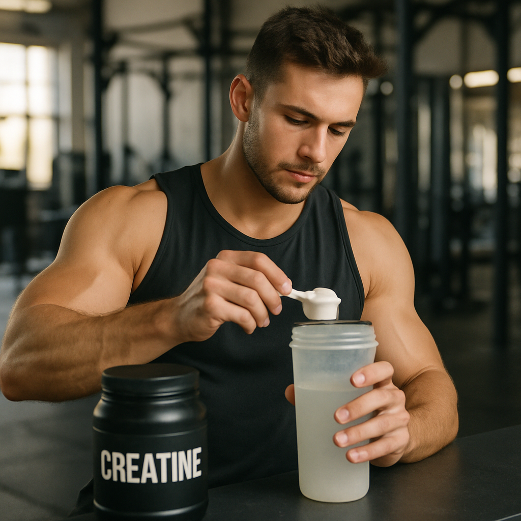 A fit man mixing a creatine supplement in a shaker bottle at the gym
