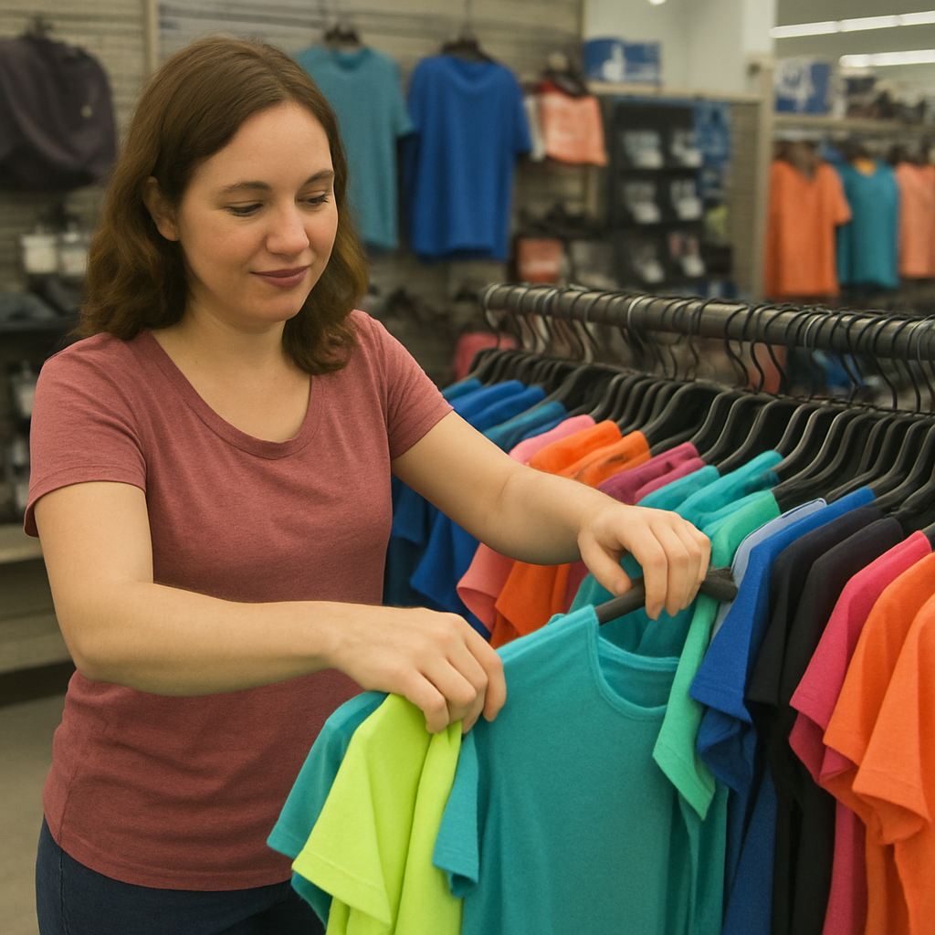 A woman browsing through a colorful rack of inexpensive athletic clothes at a retail store