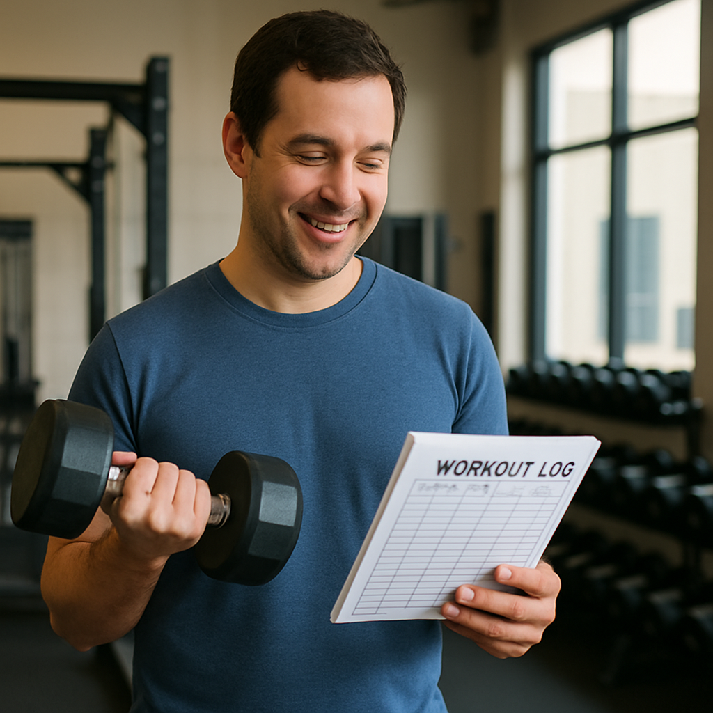 A friendly-looking person standing in a gym, holding a single dumbbell in one hand and looking at a simple workout log book.