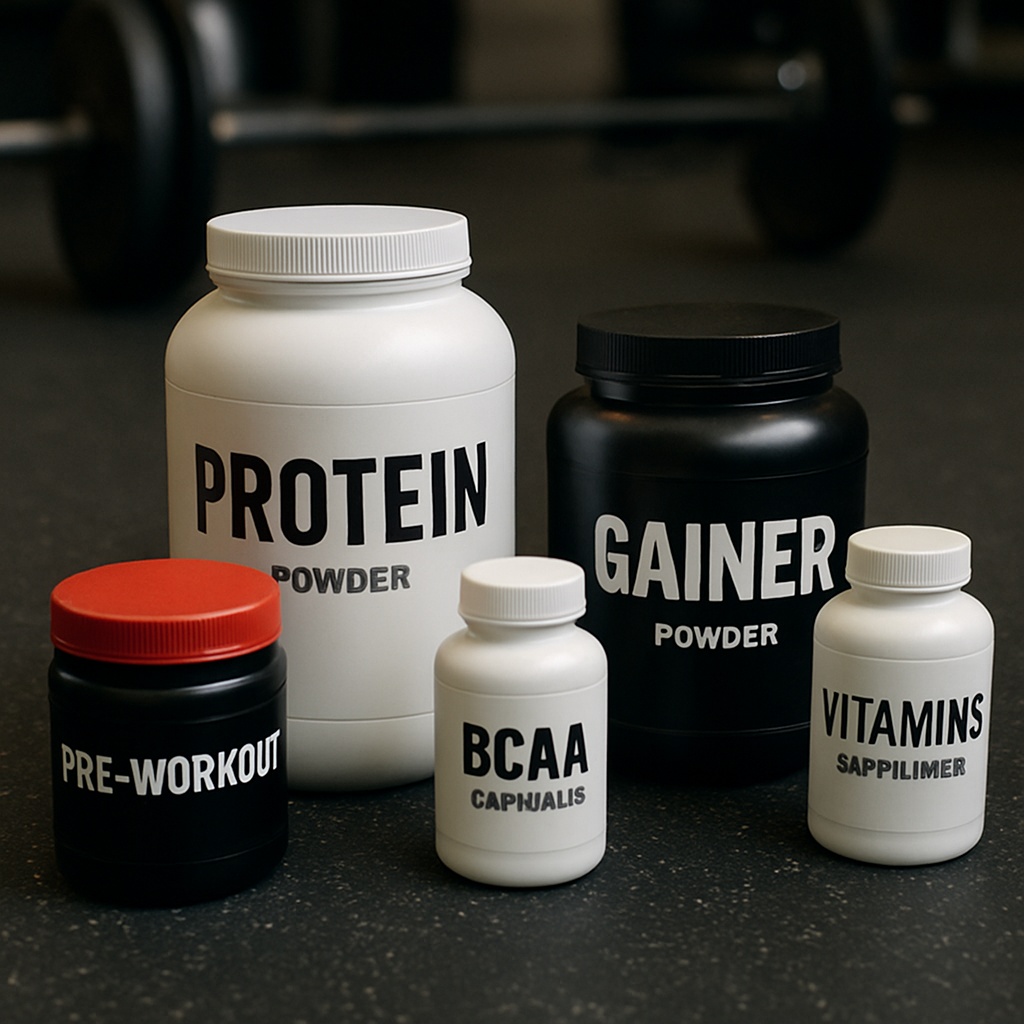 Collection of various health and fitness supplement bottles on a gym floor