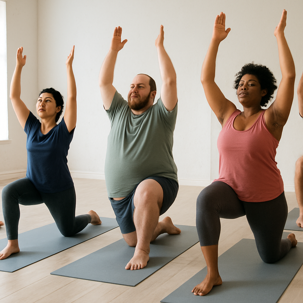 A diverse group of people of different ages and body types practicing yoga together in a bright studio.