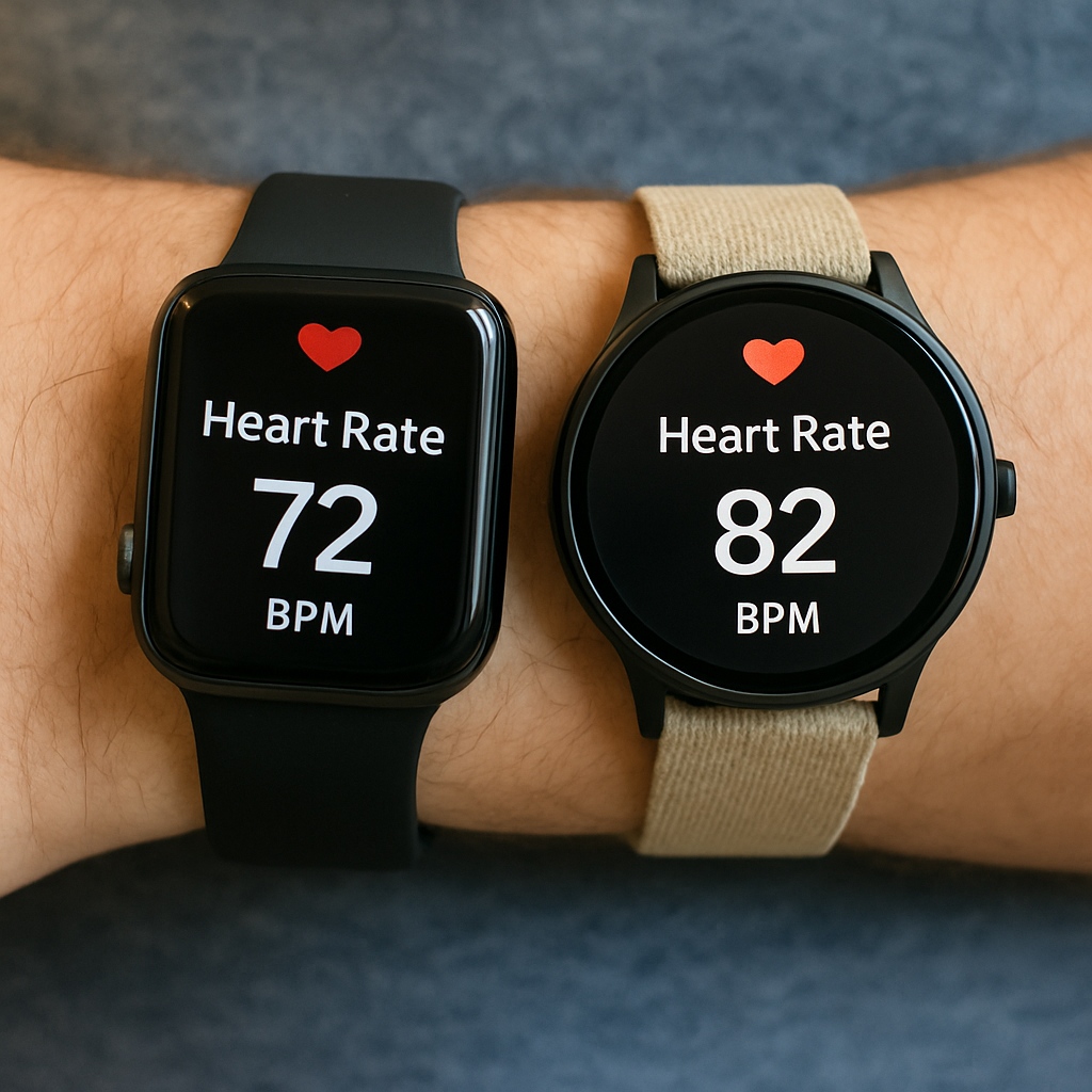 A close-up of a person's wrist with two different smartwatches showing divergent heart rate readings to illustrate the concept of sensor discrepancy.