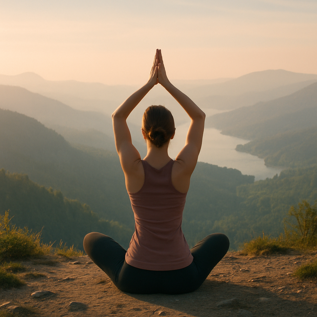 person performing yoga on a mountain top overlooking a serene valley
