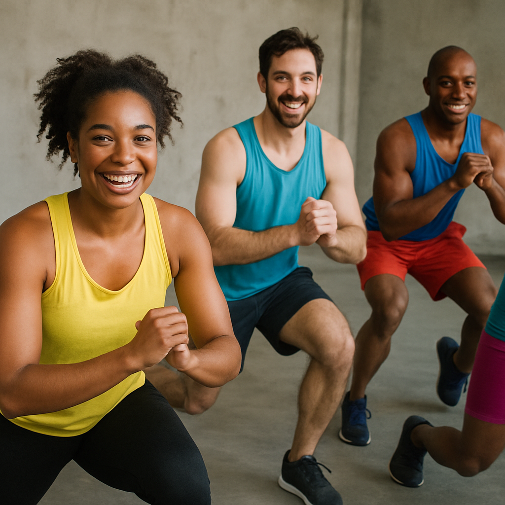 A diverse group of fitness enthusiasts doing a group workout, wearing various styles of colorful workout tanks