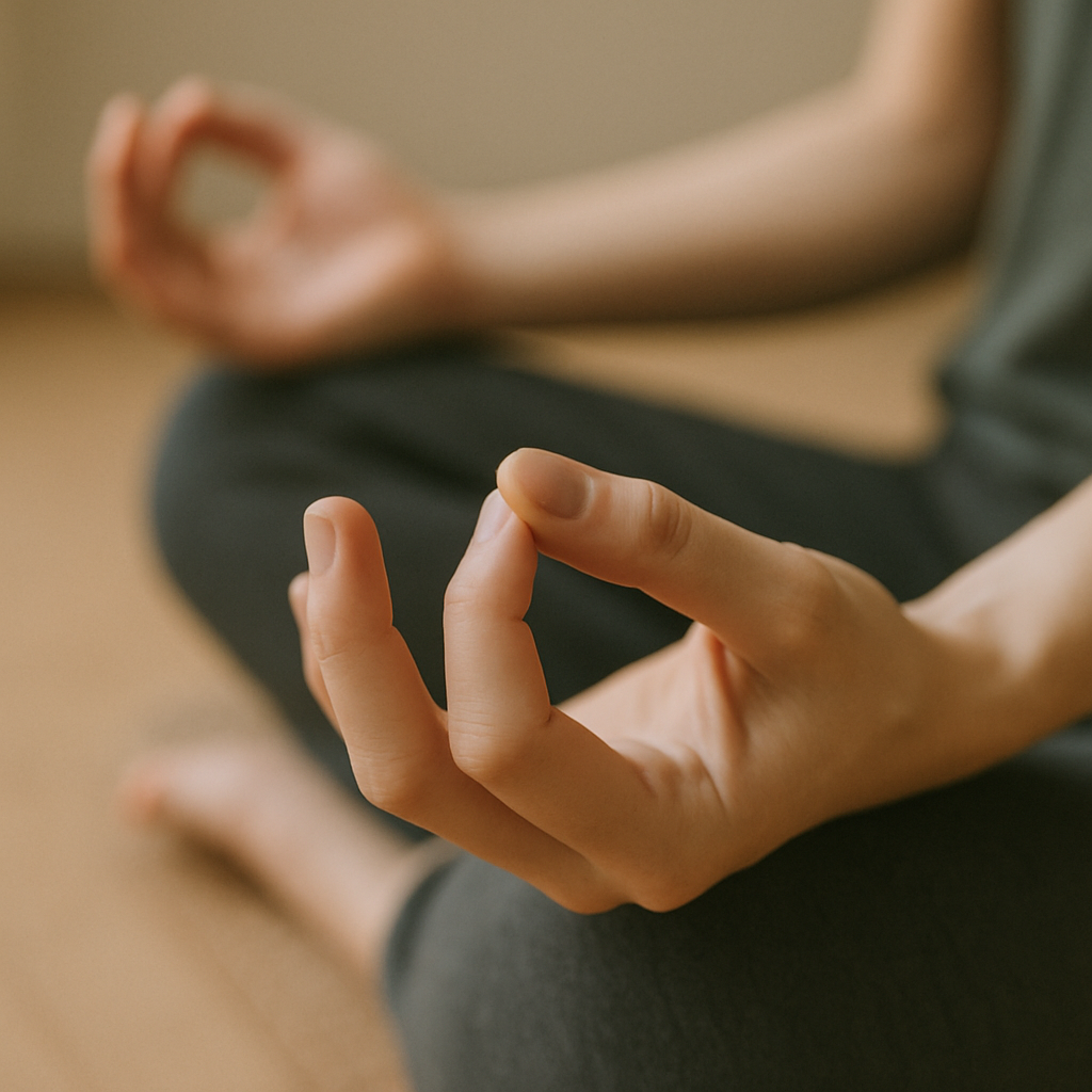 close up of hands in a mudra position resting on knees