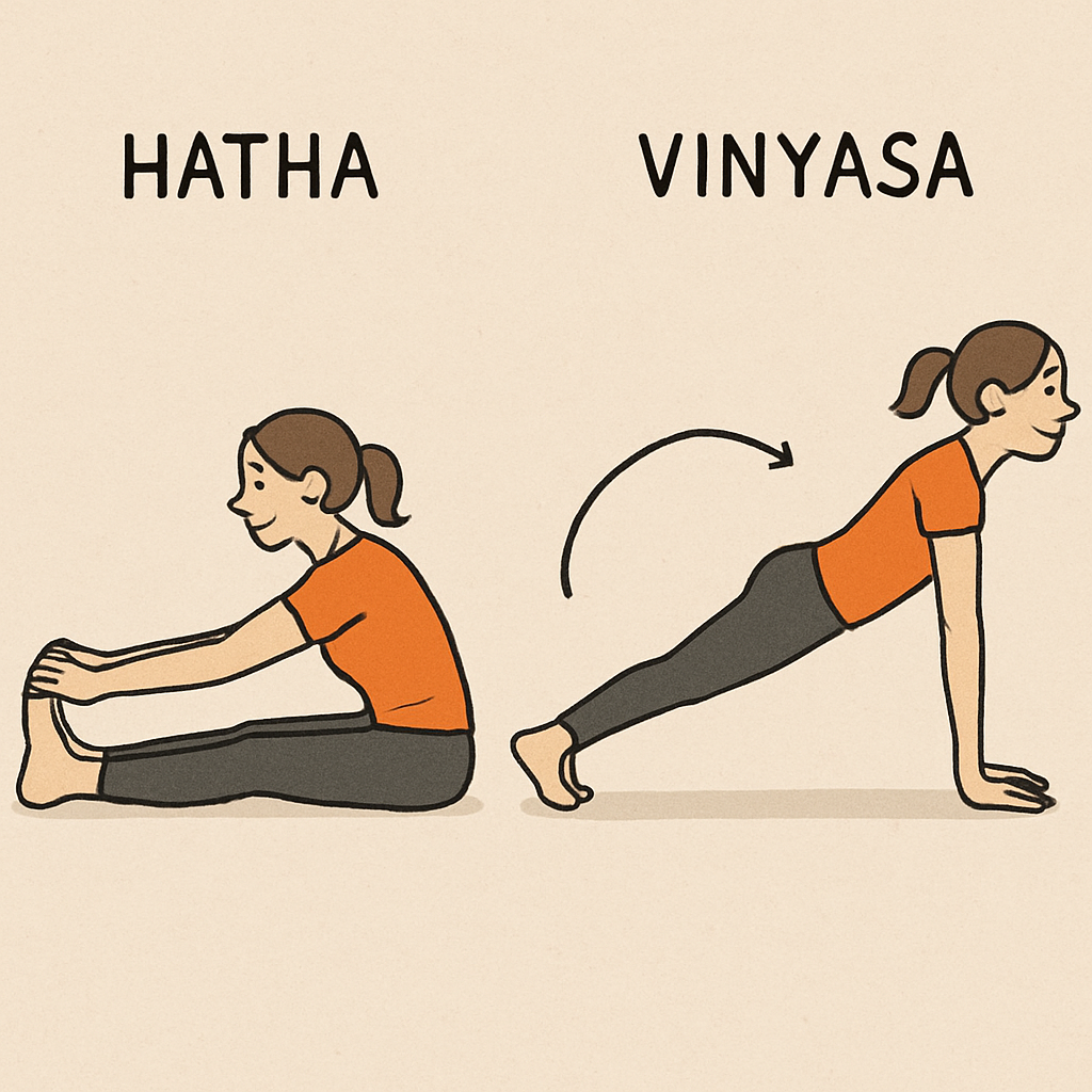 A side-by-side comparison illustrating a static Hatha yoga pose and a dynamic Vinyasa flow transition