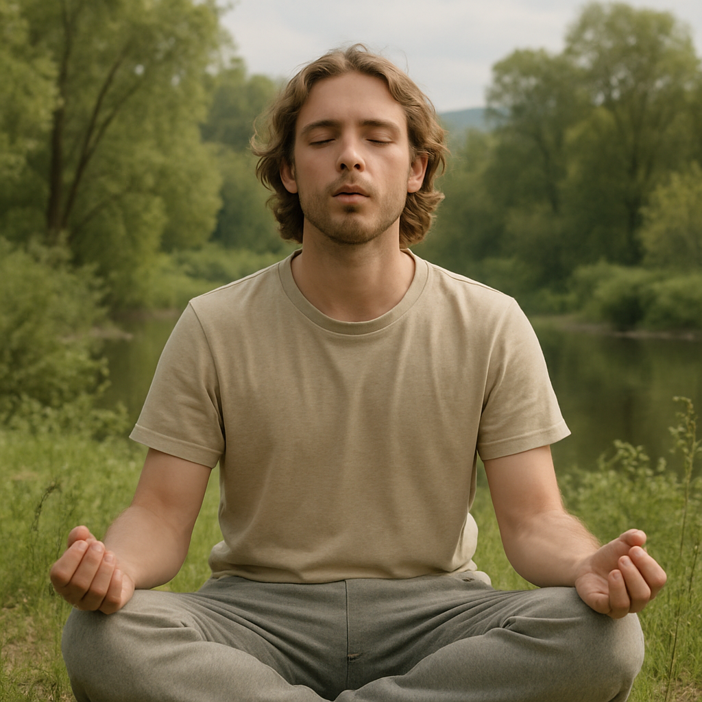 A person sitting in a cross-legged position outdoors against a peaceful natural background, practicing deep breathing with eyes closed