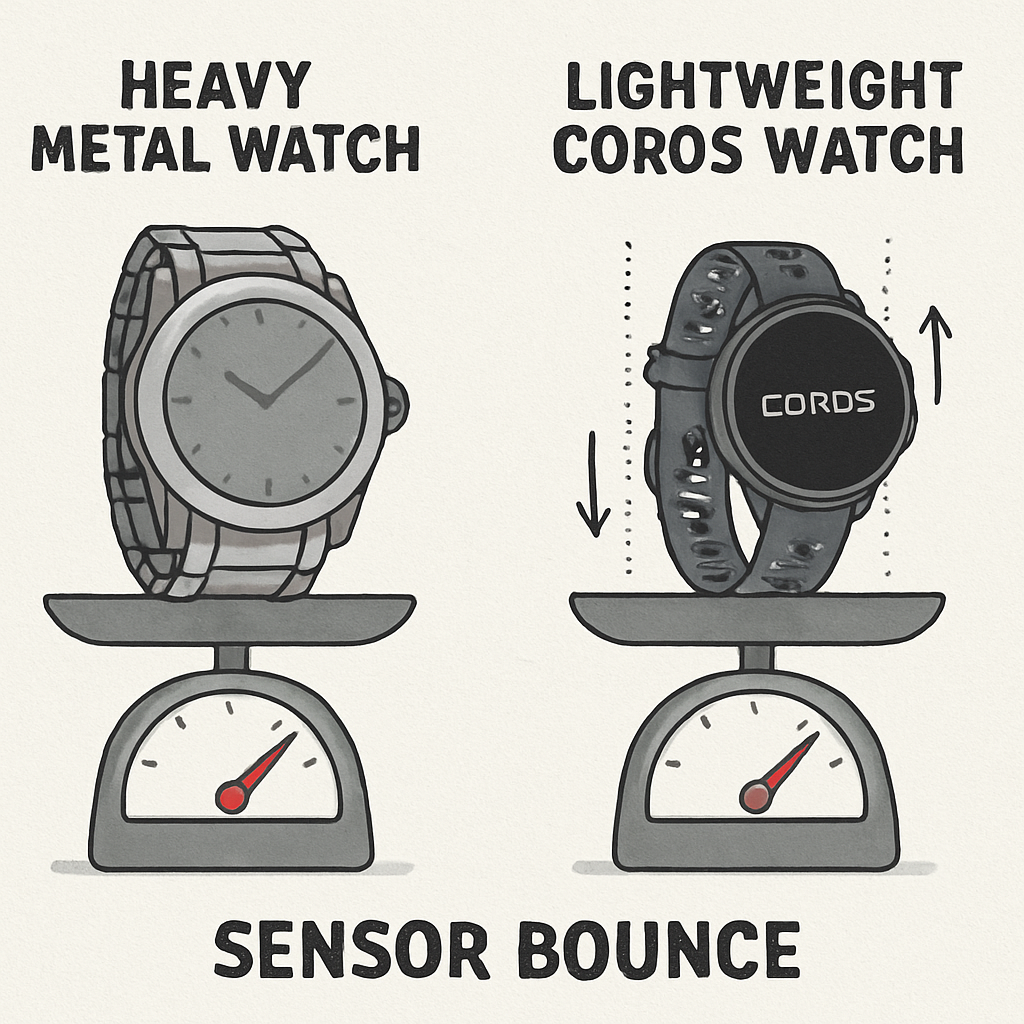 A side-by-side weight comparison showing a heavy metal watch vs a lightweight Coros watch to explain 'sensor bounce.'