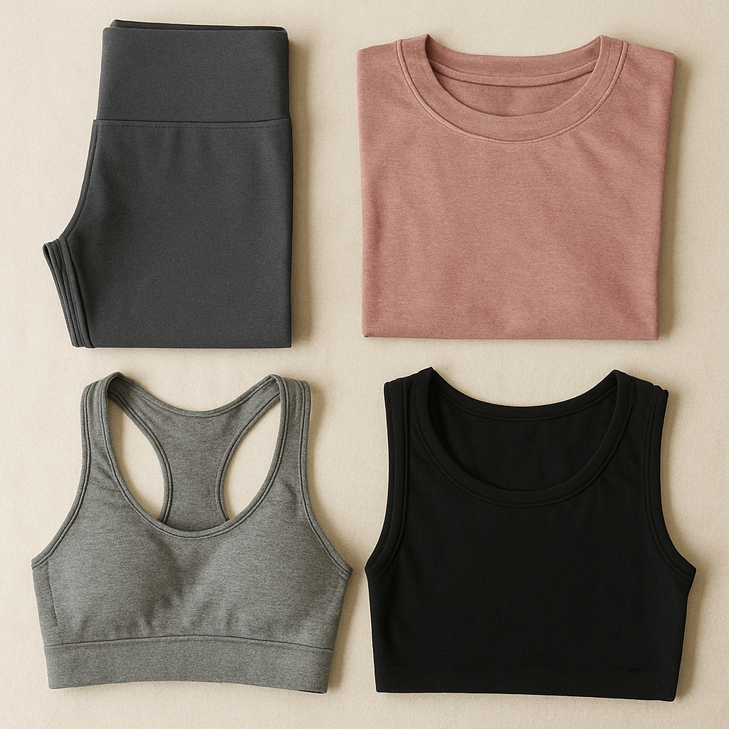 Flat lay of neatly folded budget gym wear including leggings, tops, and a sports bra