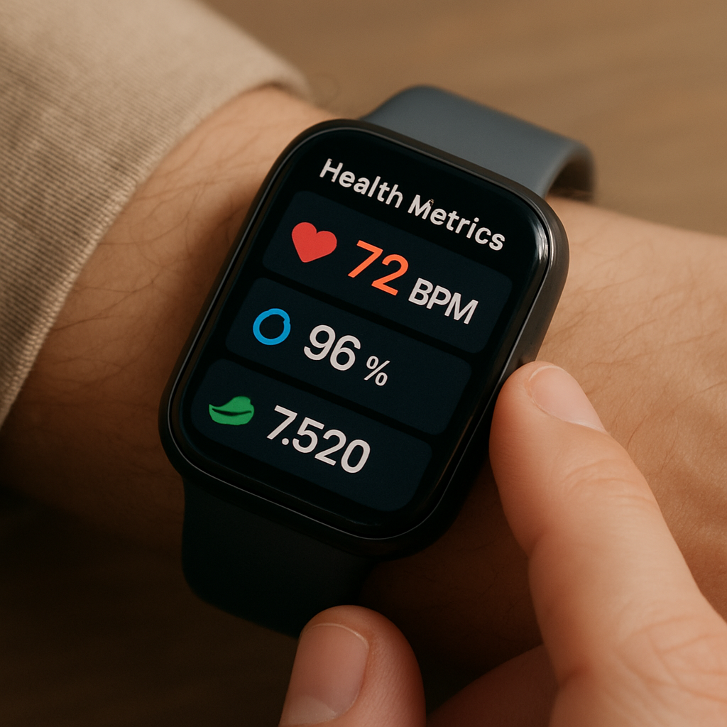 Person looking at a smartwatch displaying health metrics