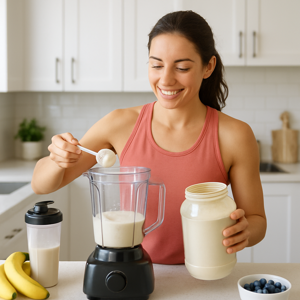 Active, healthy woman preparing a nutritious protein shake in a bright, modern kitchen