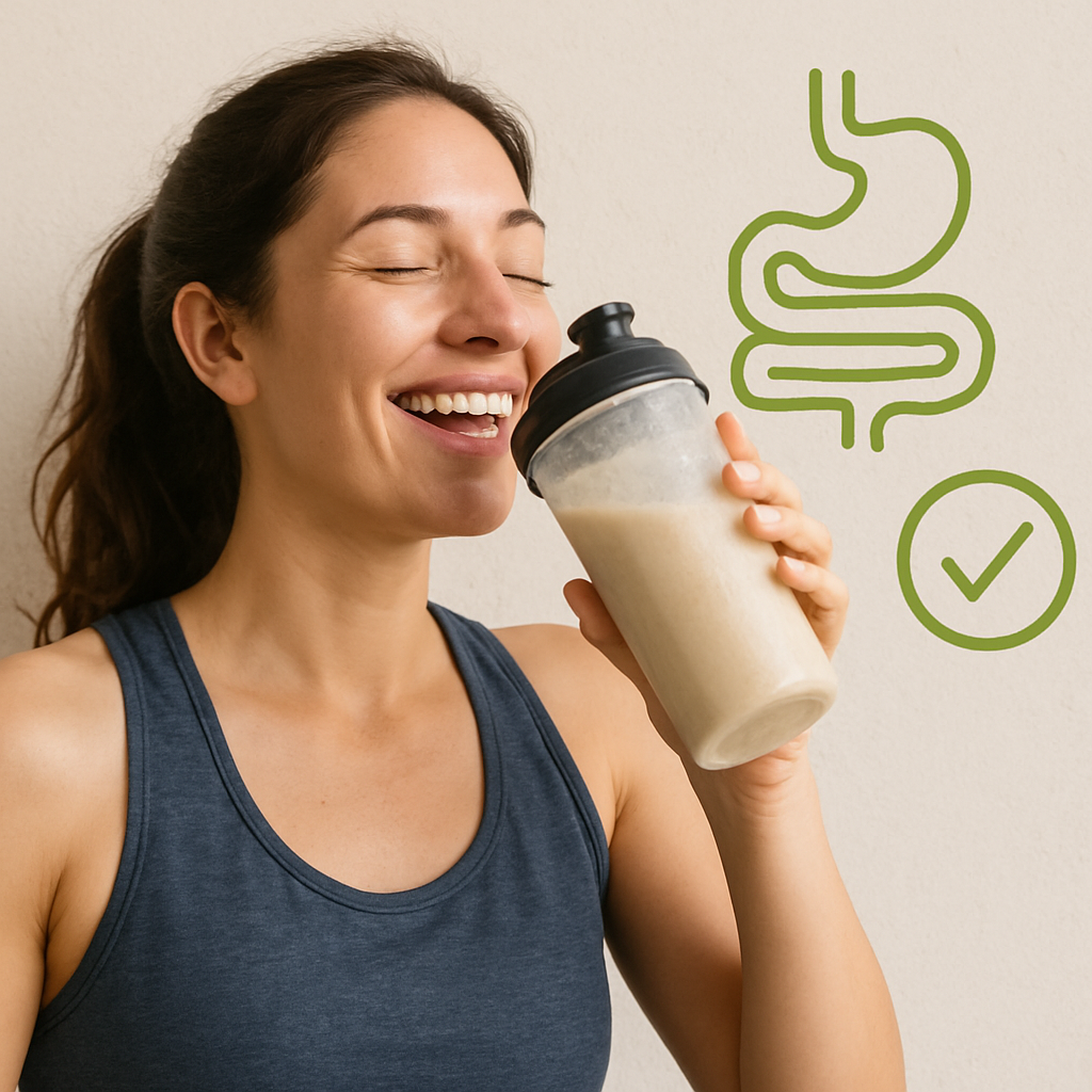 A person smiling while drinking a protein shake, highlighting good digestion and health