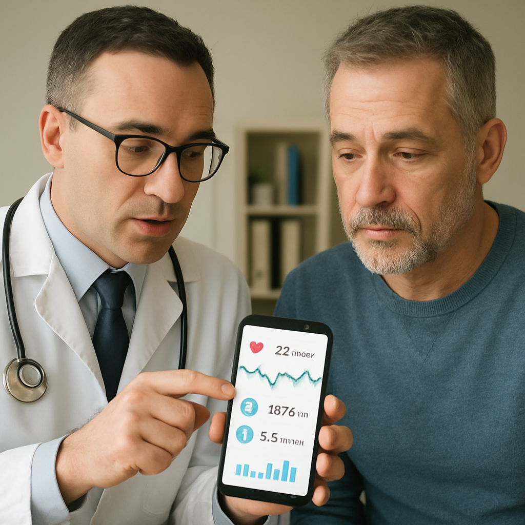 Doctor and patient looking at health data on a smartphone