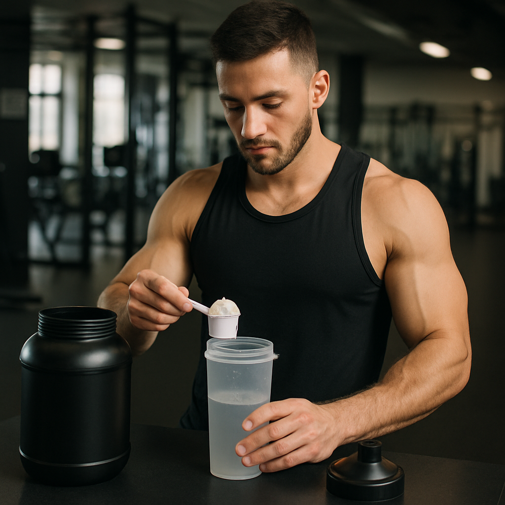 Muscular athlete preparing a protein shake in the gym