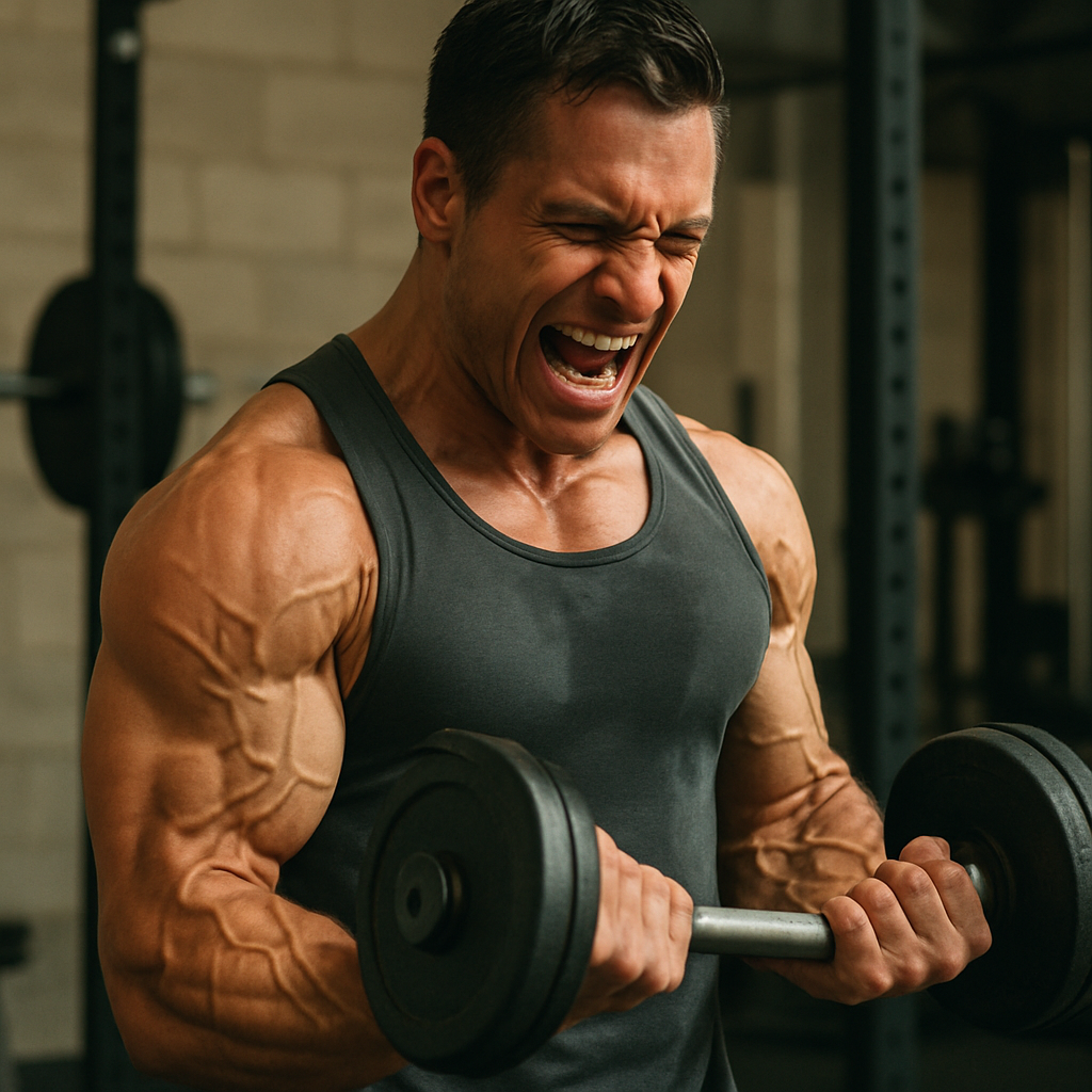 Athlete doing bicep curls showing intense vascularity and muscle pump
