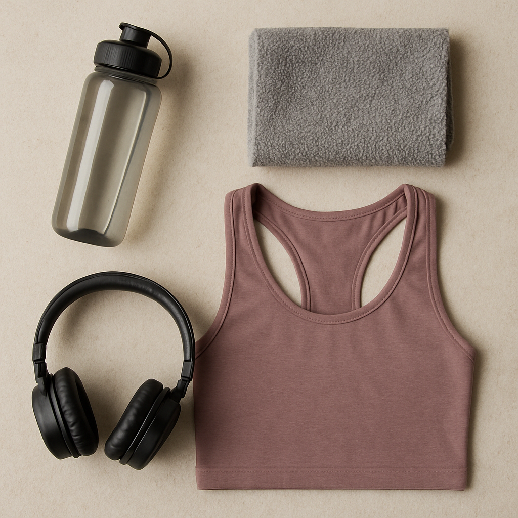 A flat lay of stylish gym gear including a water bottle, a towel, headphones, and a neatly folded workout tank top