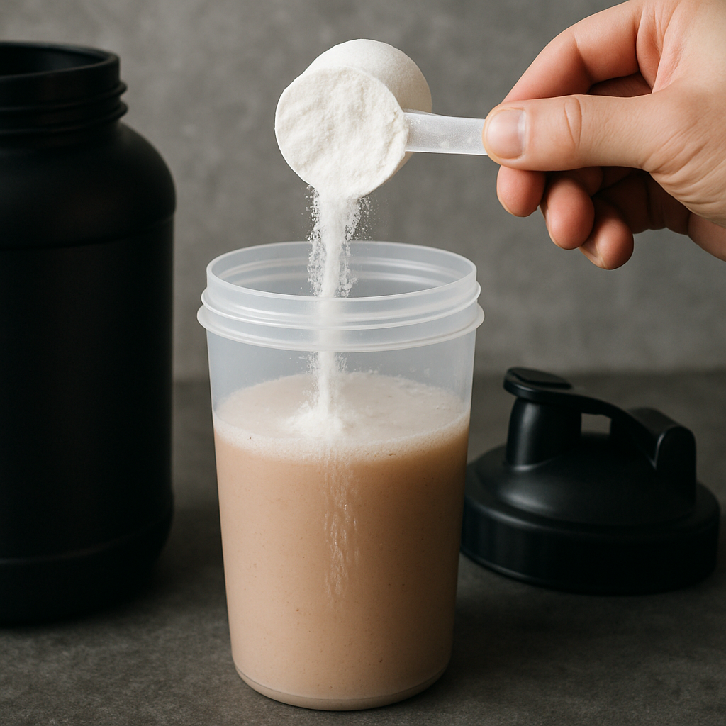 A scoop of creatine being poured into a post-workout protein shake
