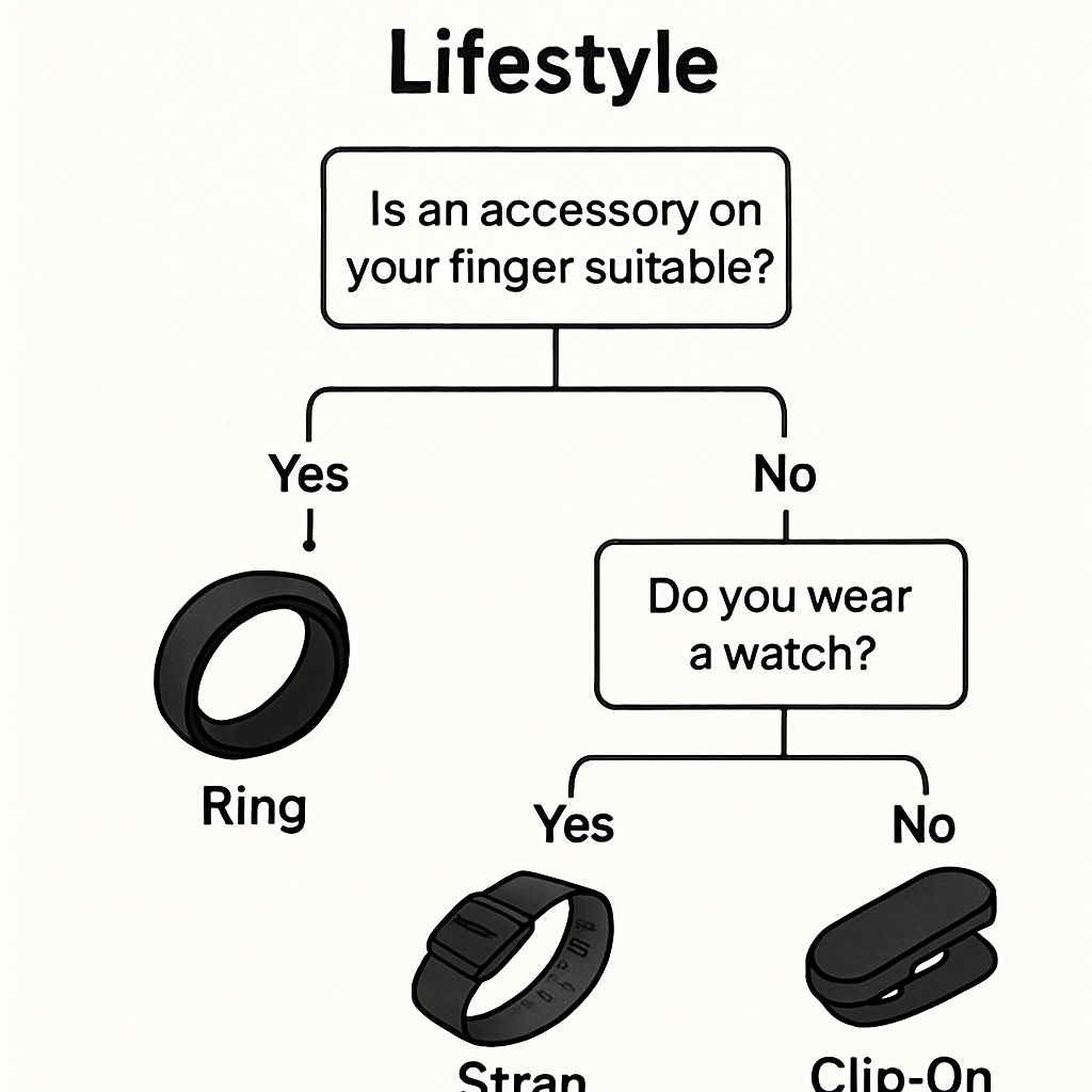 A simple decision tree flowchart helping users choose between a ring, a strap, or a clip-on based on their lifestyle.