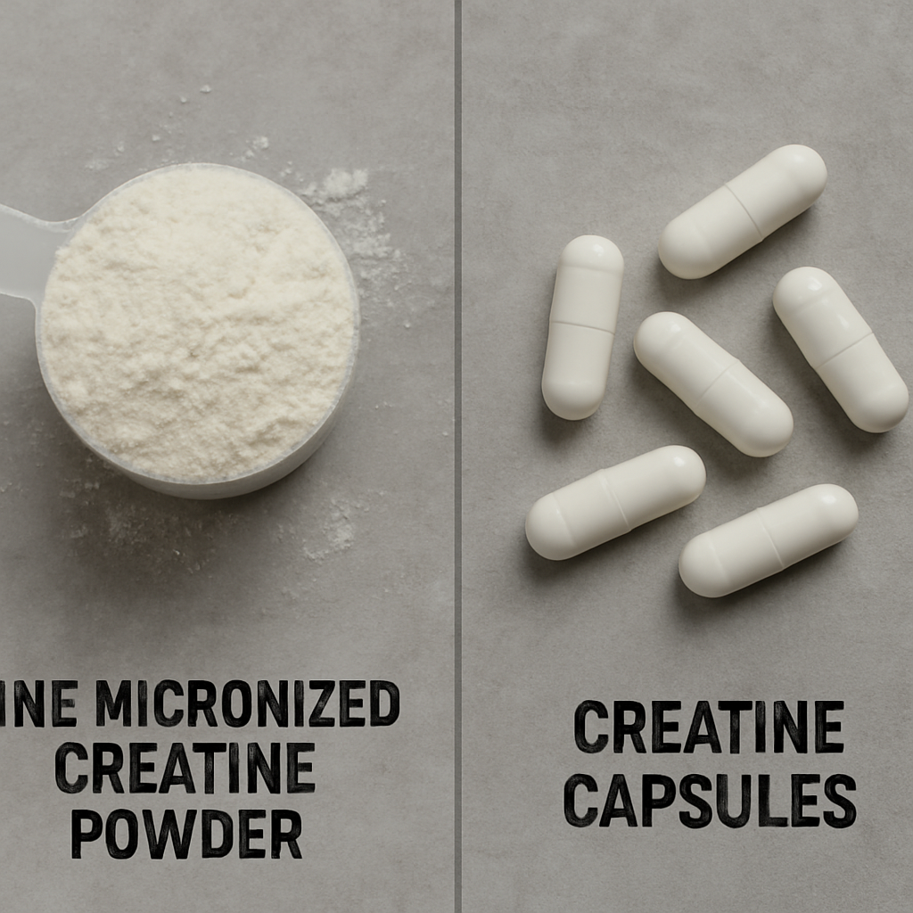 Comparison of fine micronized creatine powder in a scoop and creatine capsules
