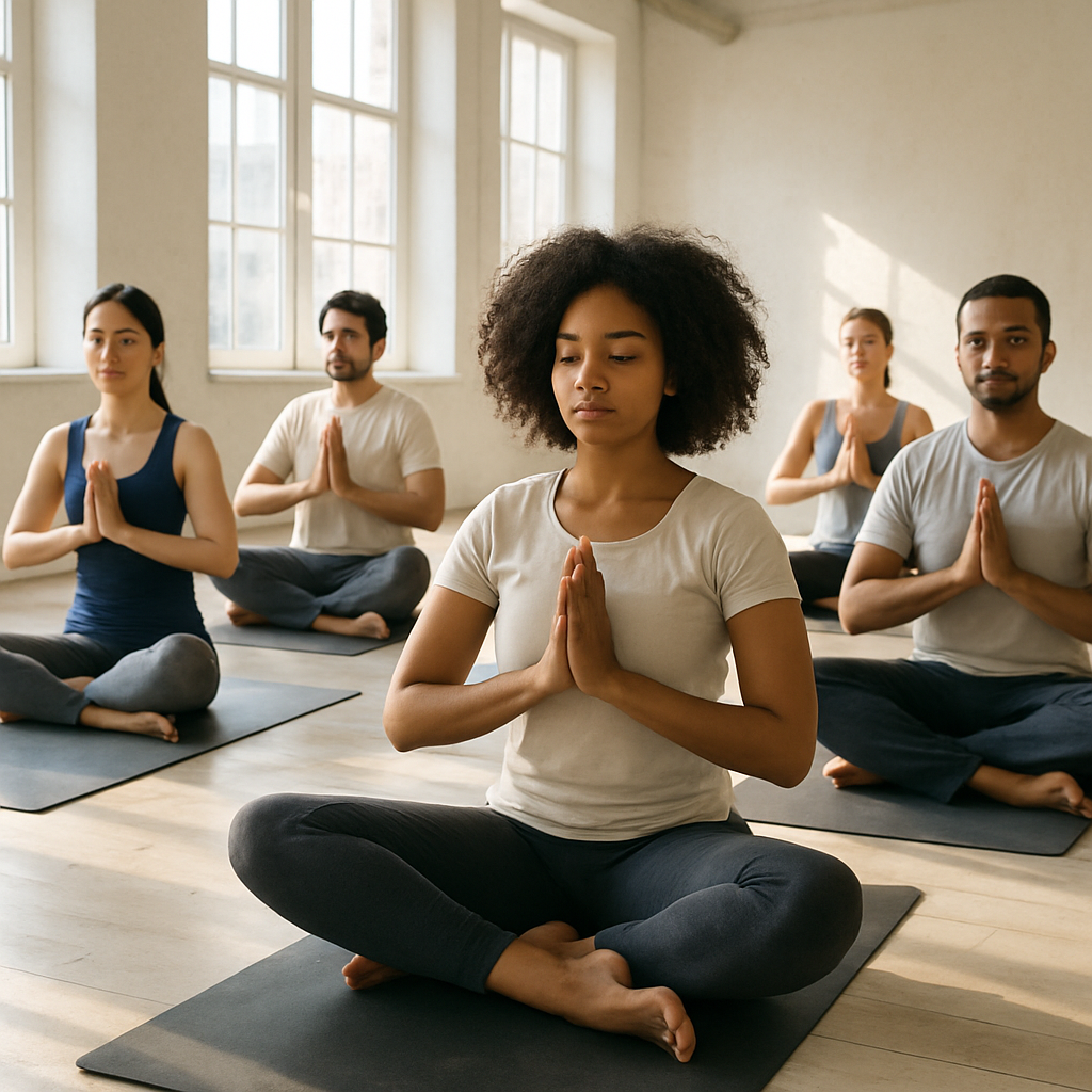 A diverse group of people practicing yoga in a bright, airy studio with natural sunlight
