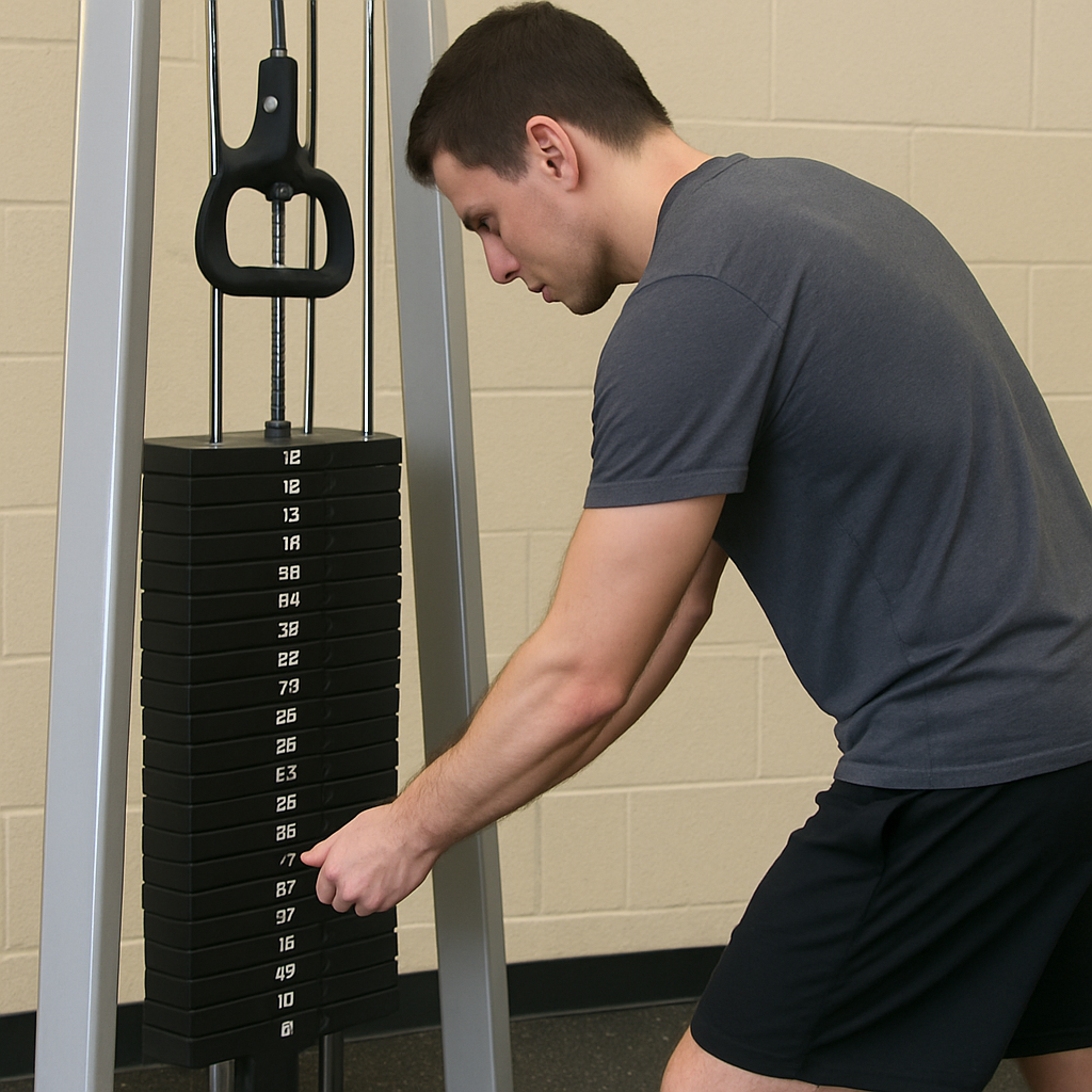 A person at a cable weight machine, moving the pin to a lighter weight immediately after a set.