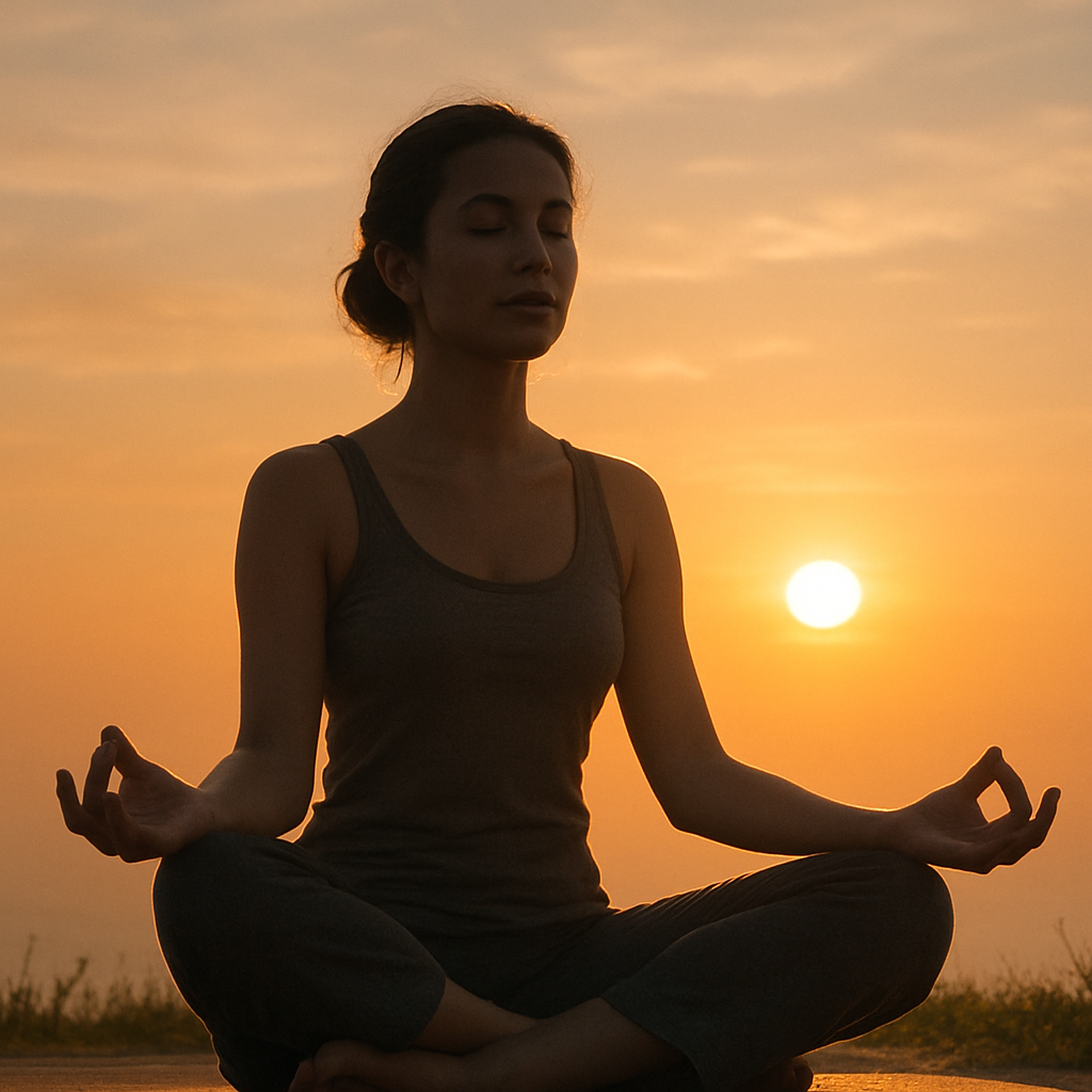 woman meditating peacefully in a lotus position at sunrise