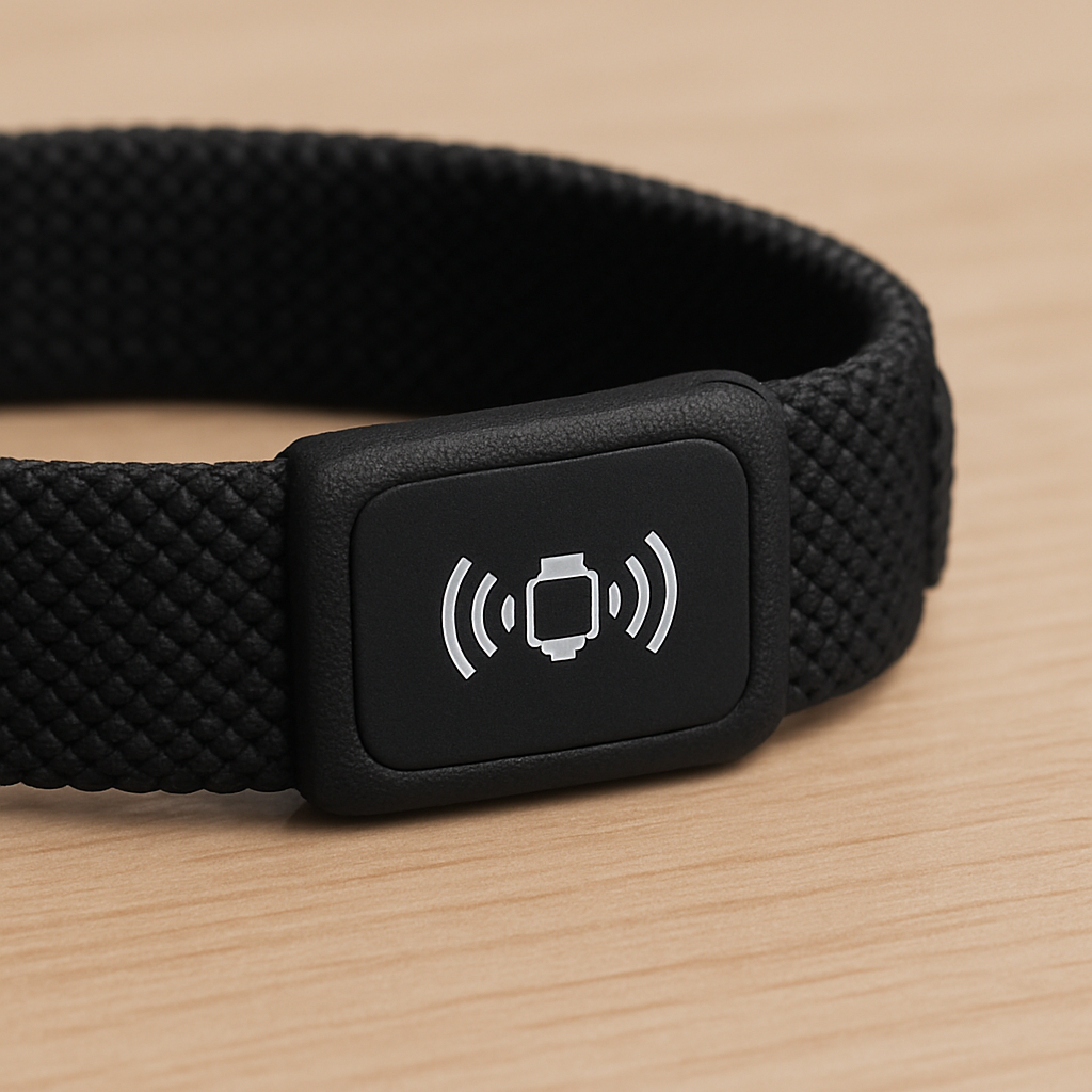 A close-up of a screenless fabric wristband showing a small vibrating haptic motor icon to represent silent alerts.