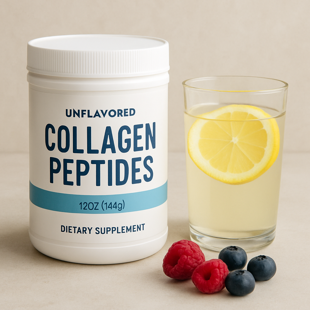 A jar of unflavored collagen peptides sitting next to a glass of lemon water and fresh berries