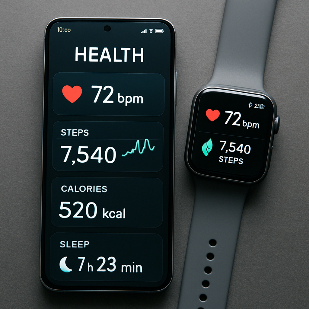 A futuristic smartphone displaying various health metrics alongside a modern smartwatch in English