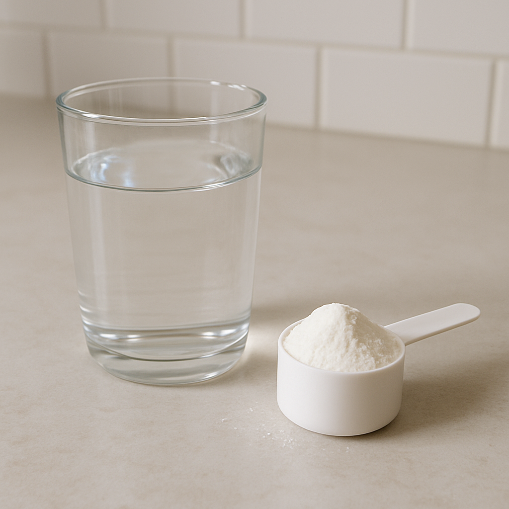 A simple photo of a glass of water next to a small scoop of white powder on a clean kitchen counter.