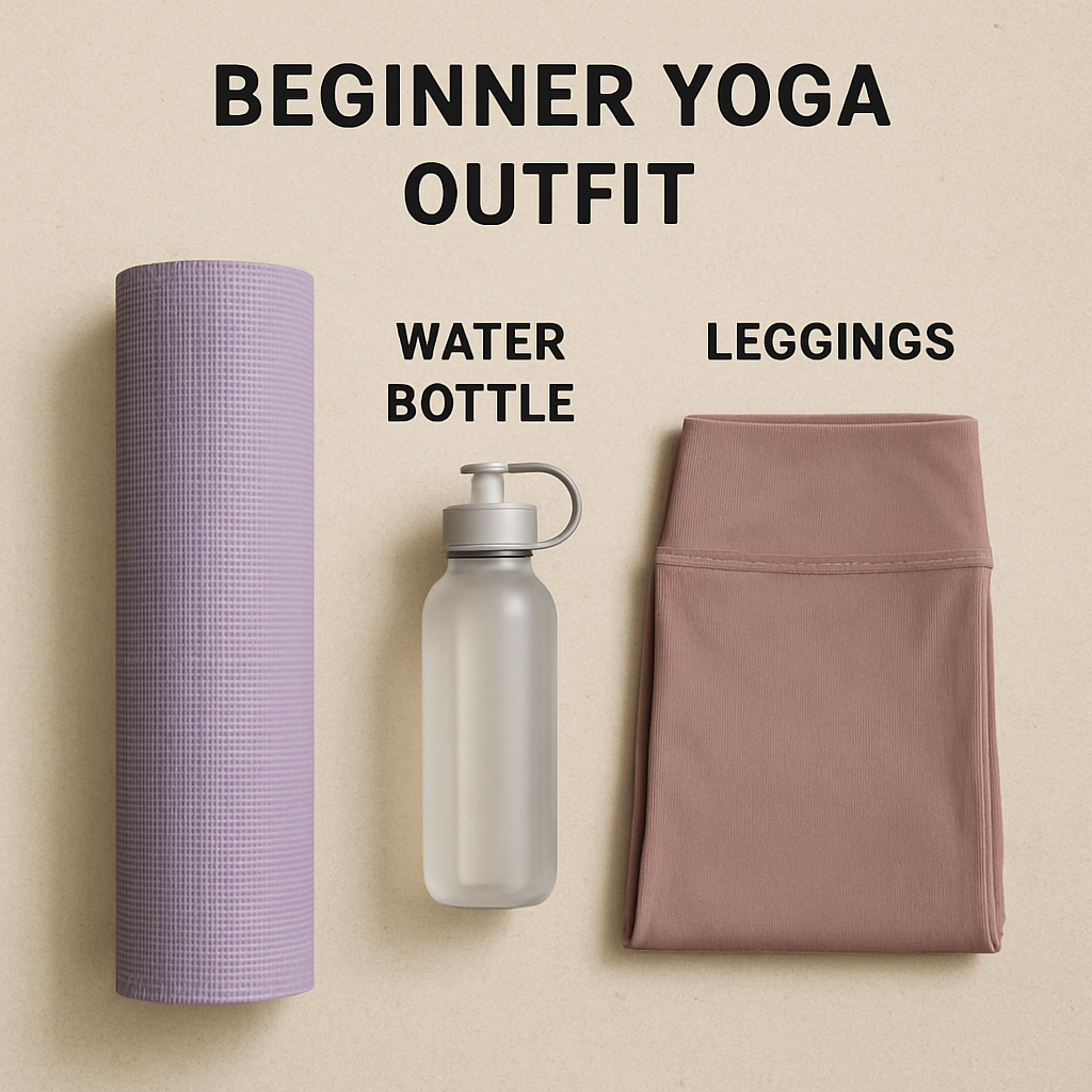 Flat lay of basic beginner yoga outfits including a mat, water bottle, and folded leggings in ENGLISH