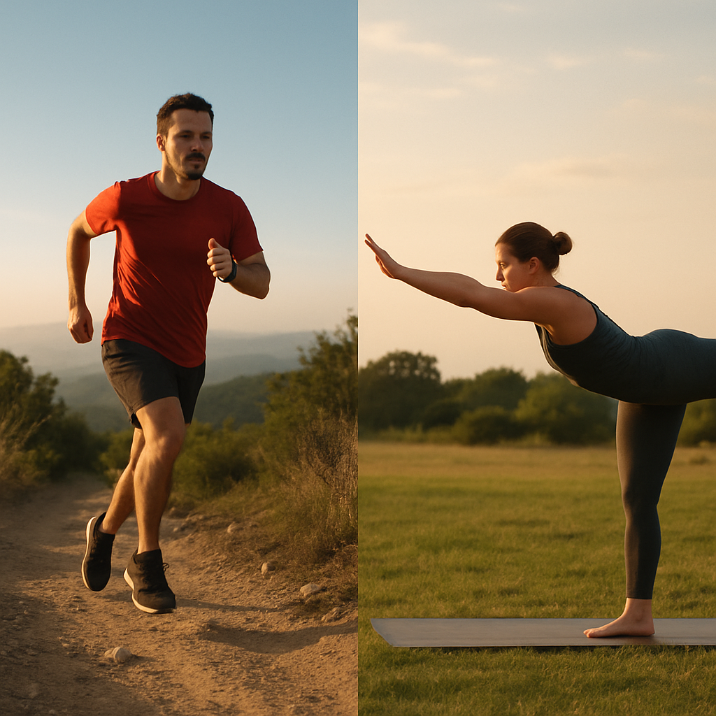 A split image showing a runner on a trail on one side and a person in a dynamic yoga pose on the other.