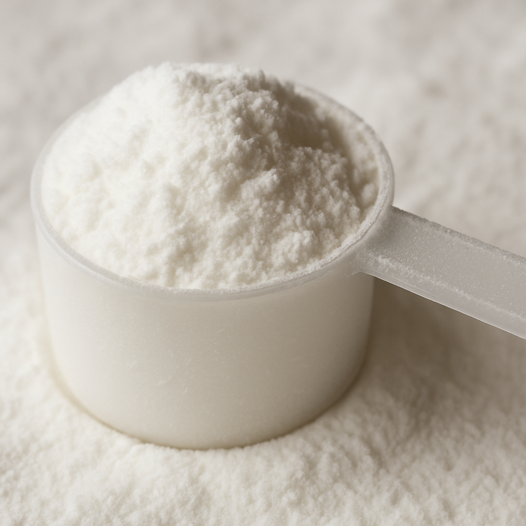 Close up of a scoop of white creatine monohydrate powder