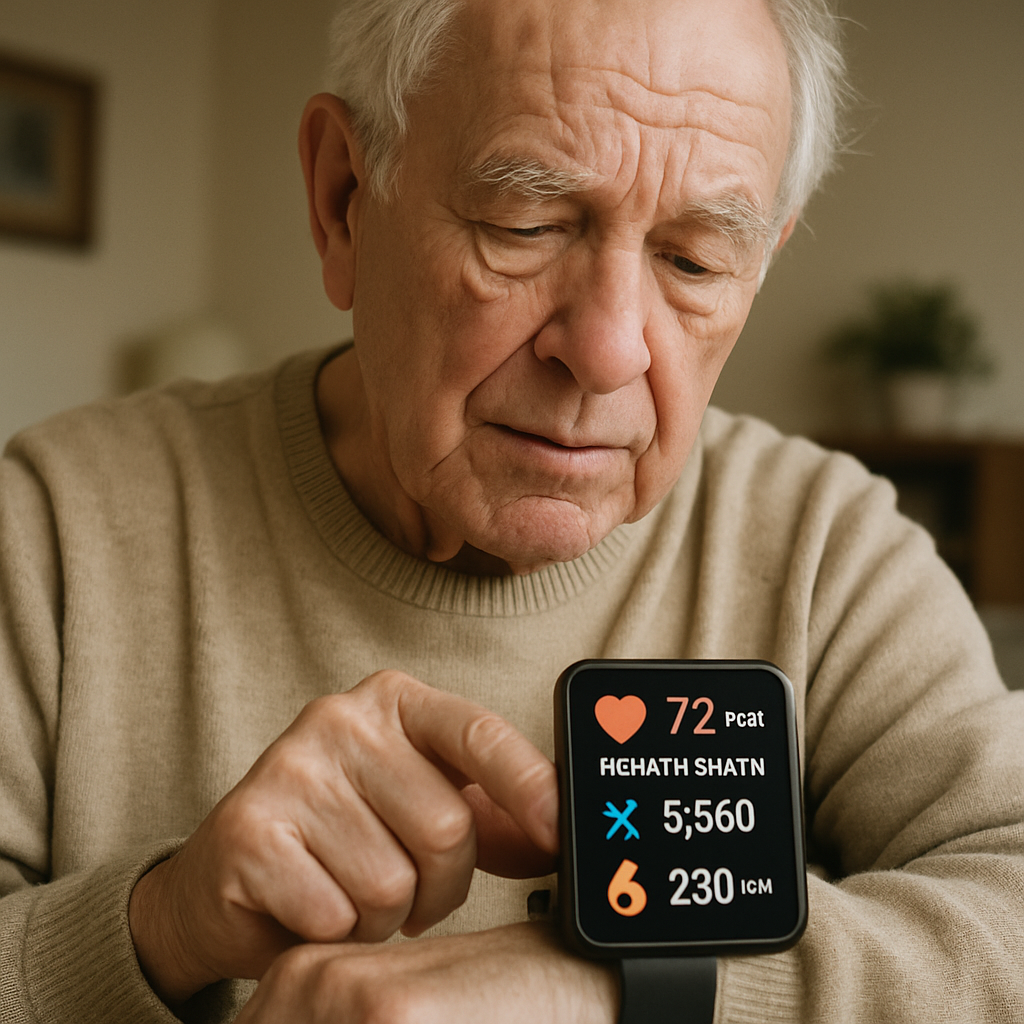Elderly man checking his health stats on a smartwatch