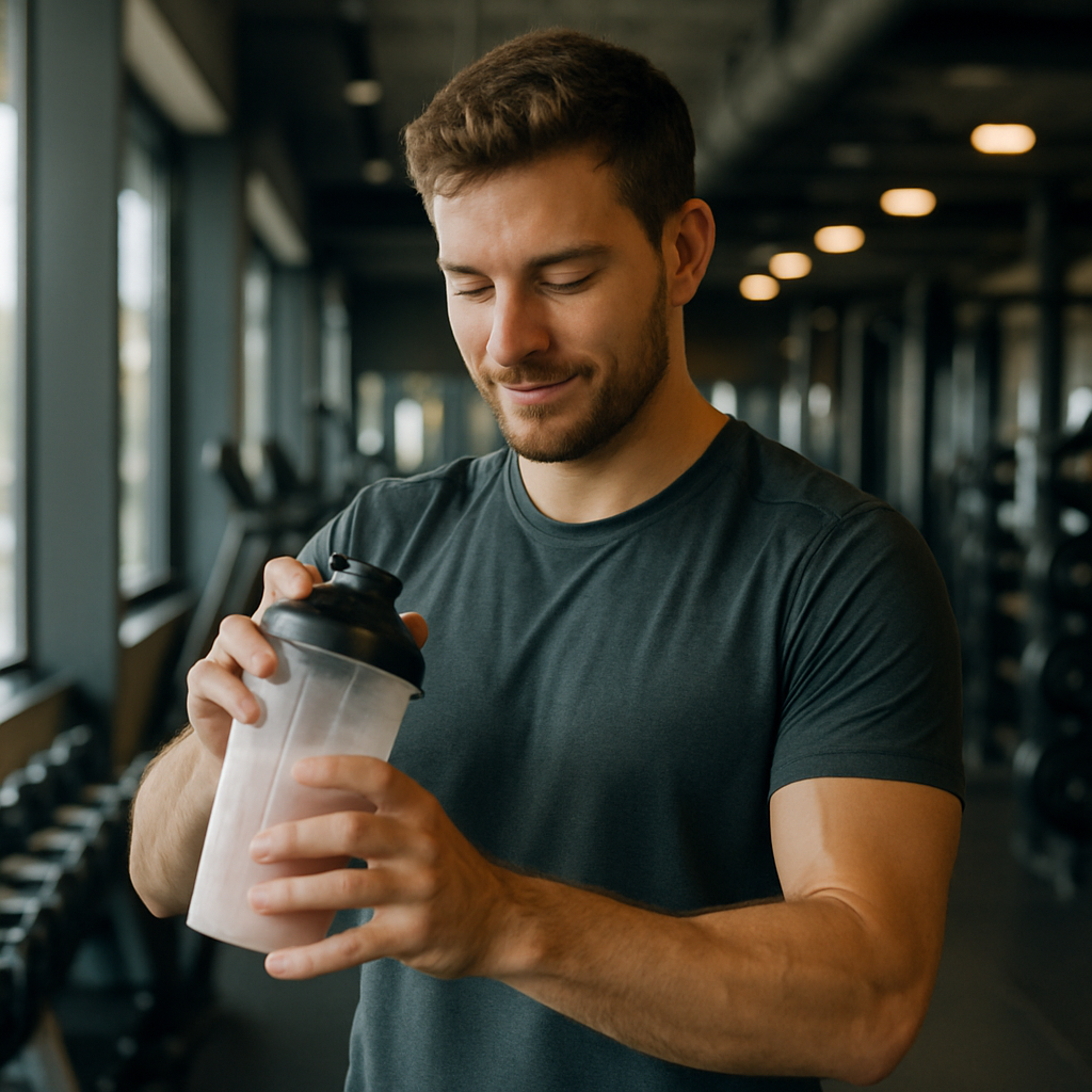 A person in a modern gym mixing a protein shake after a workout