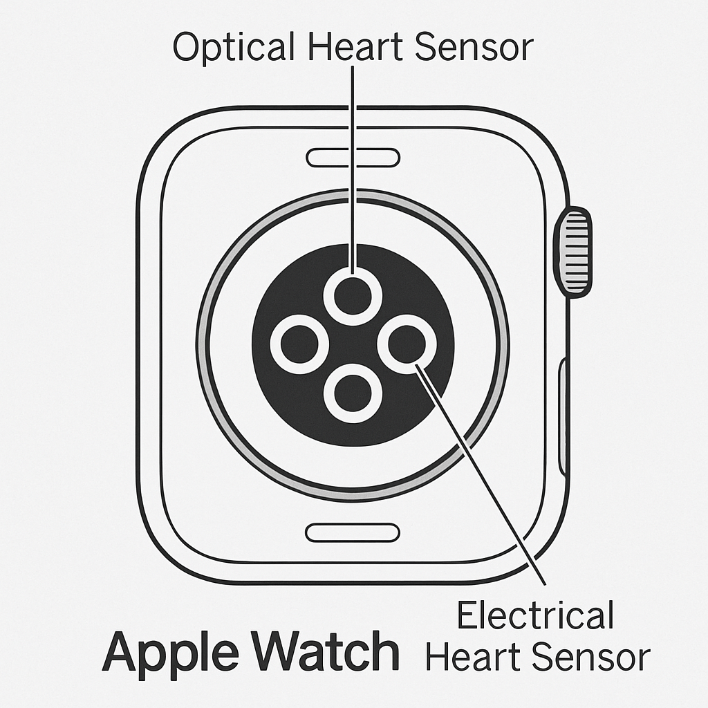 A diagram of the back of an Apple Watch highlighting the arrangement of the optical and electrical heart sensors.