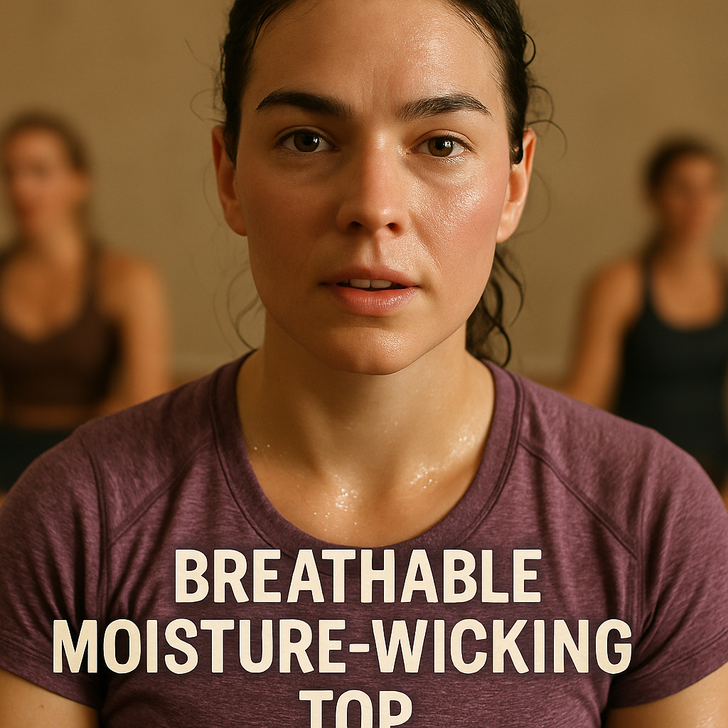 A close-up of a woman in a hot yoga class wearing a breathable moisture-wicking top in ENGLISH