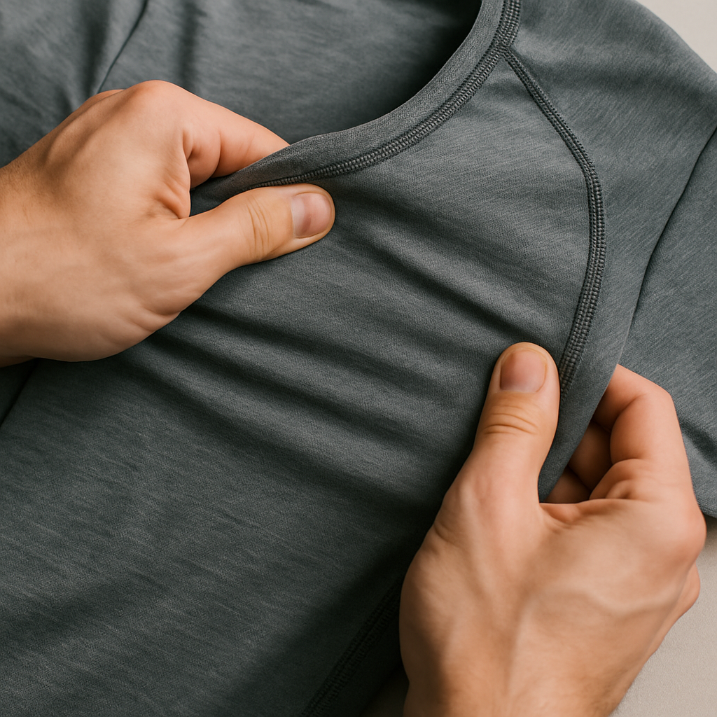 Close-up of a person's hands checking the stretch and seams of a workout shirt