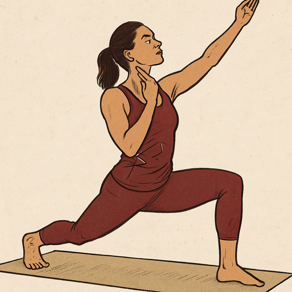A person performing a vigorous yoga pose while checking their pulse at the neck, illustrating the concept of monitoring intensity.