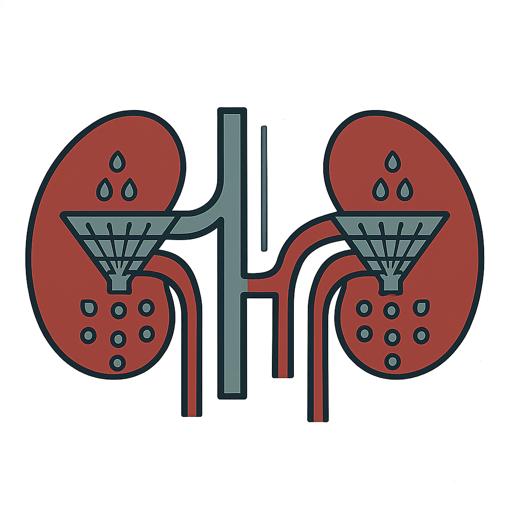 A simple graphic of two kidneys represented as clean, efficient filters.