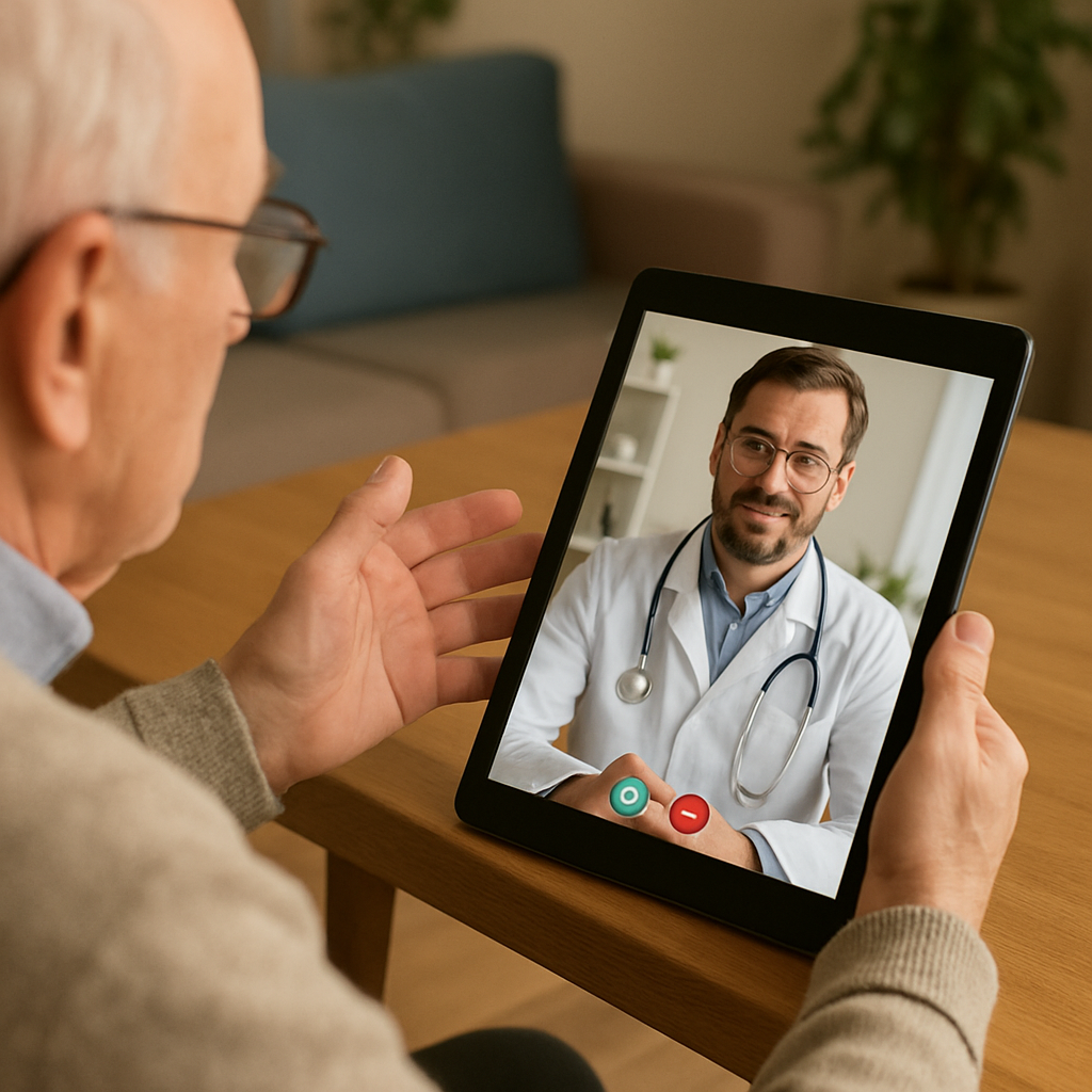 A senior patient having a video consultation with a doctor on a tablet in English