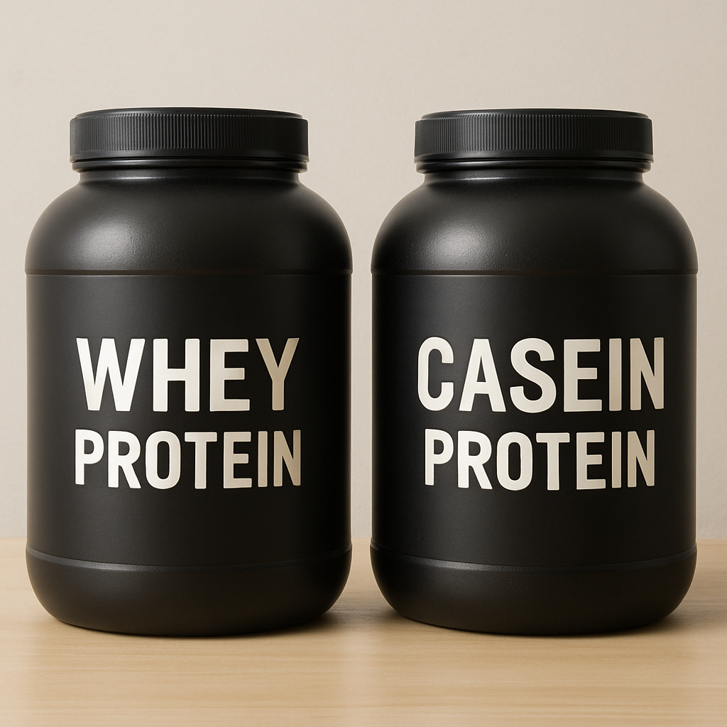 Whey and casein protein powder tubs side by side