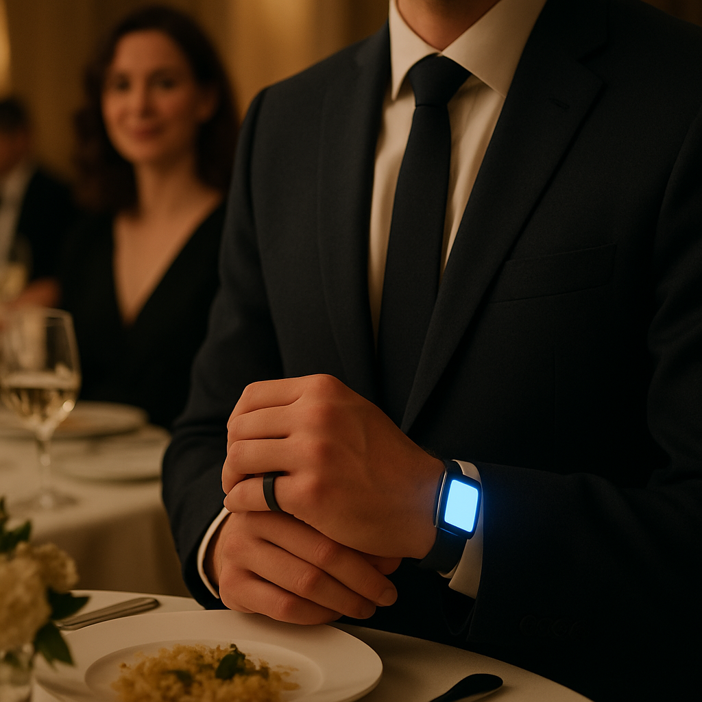A person at a formal dinner party wearing a discreet smart ring, highlighting how it blends with their outfit compared to a glowing smartwatch.