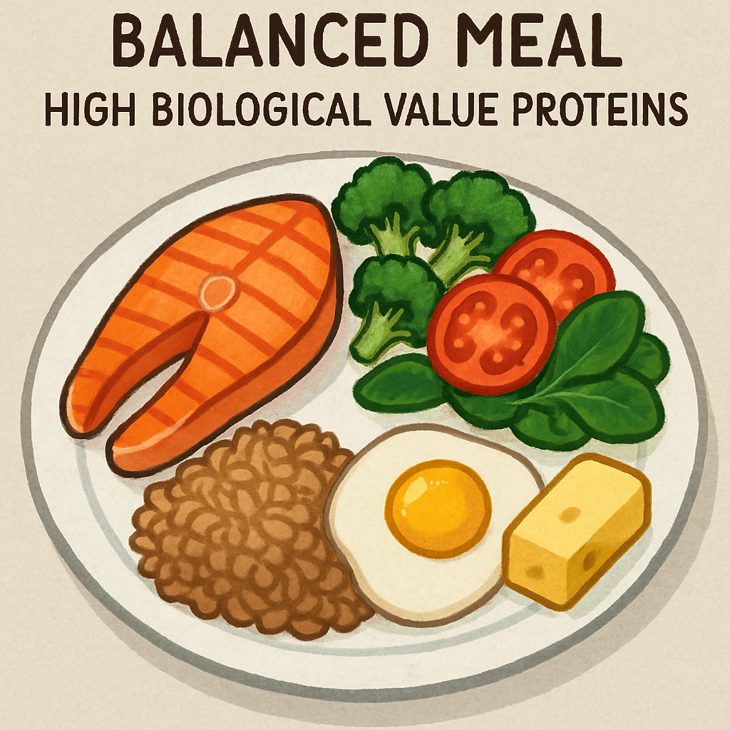 A balanced meal plate showing high biological value proteins