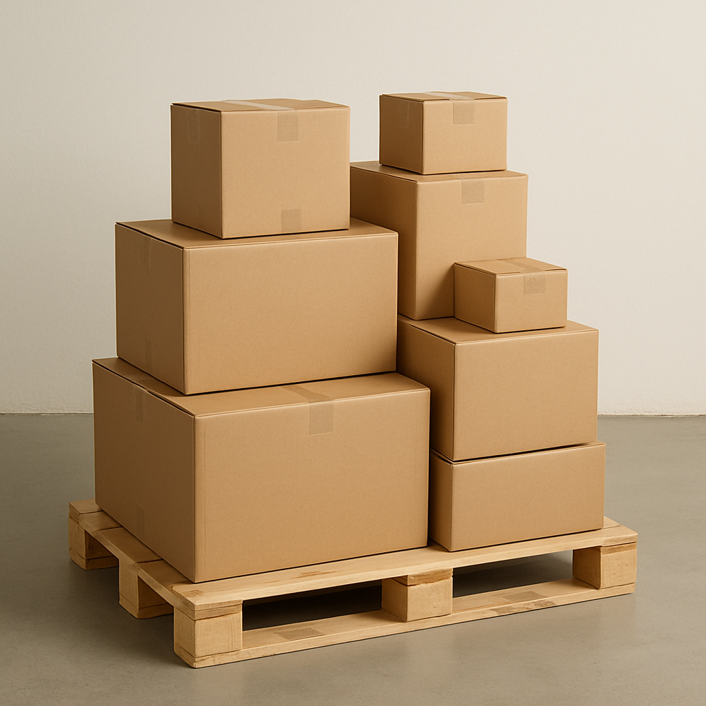 A clean photograph of various sized cardboard boxes stacked neatly on a wooden pallet ready for shipping.