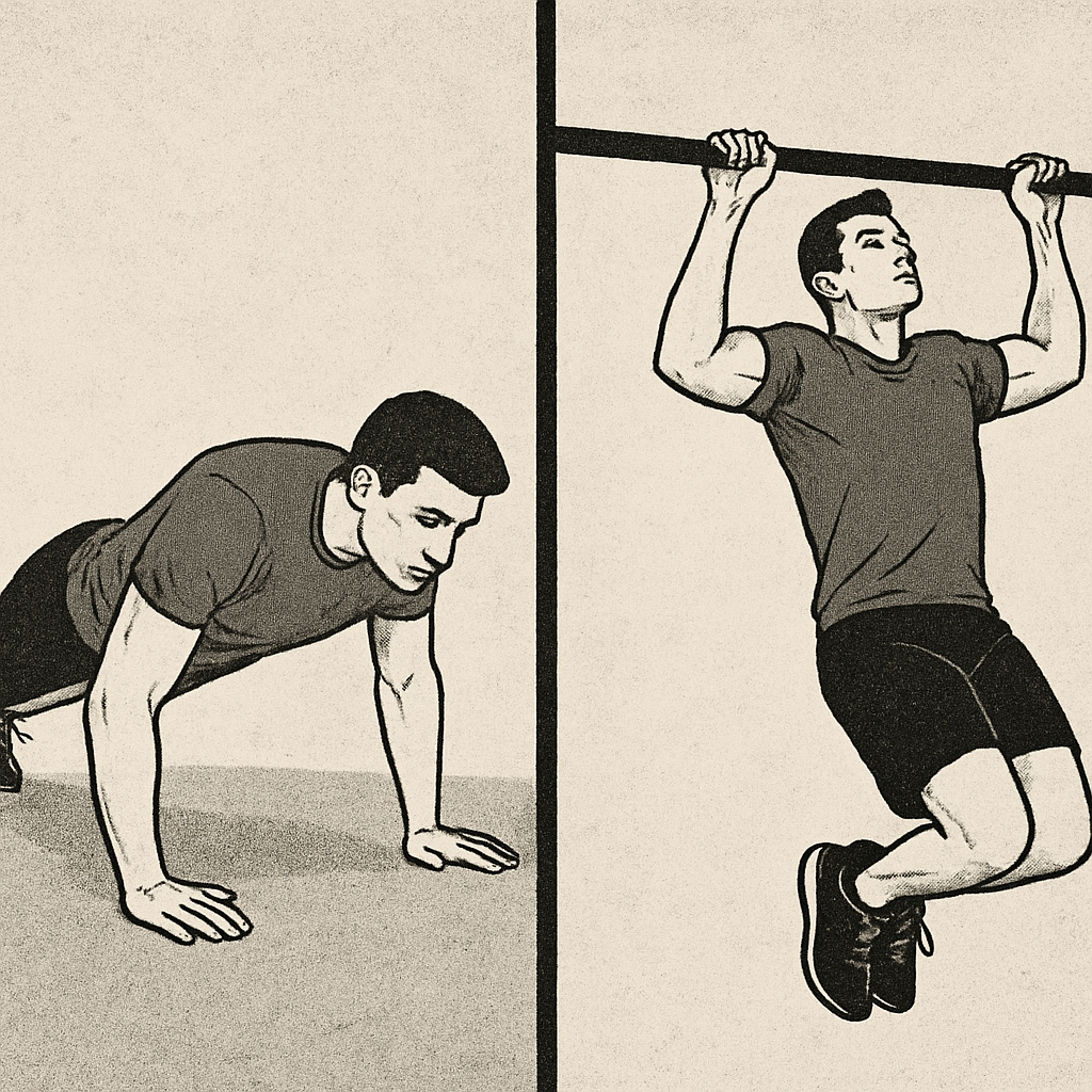 A split-screen style image showing a person doing a push-up on one side and a pull-up or row on the other, representing alternating work.