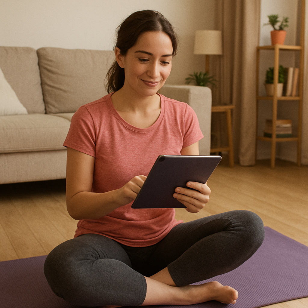 A person in a comfortable home setting, looking at a tablet while sitting on a yoga mat in a simple seated pose.