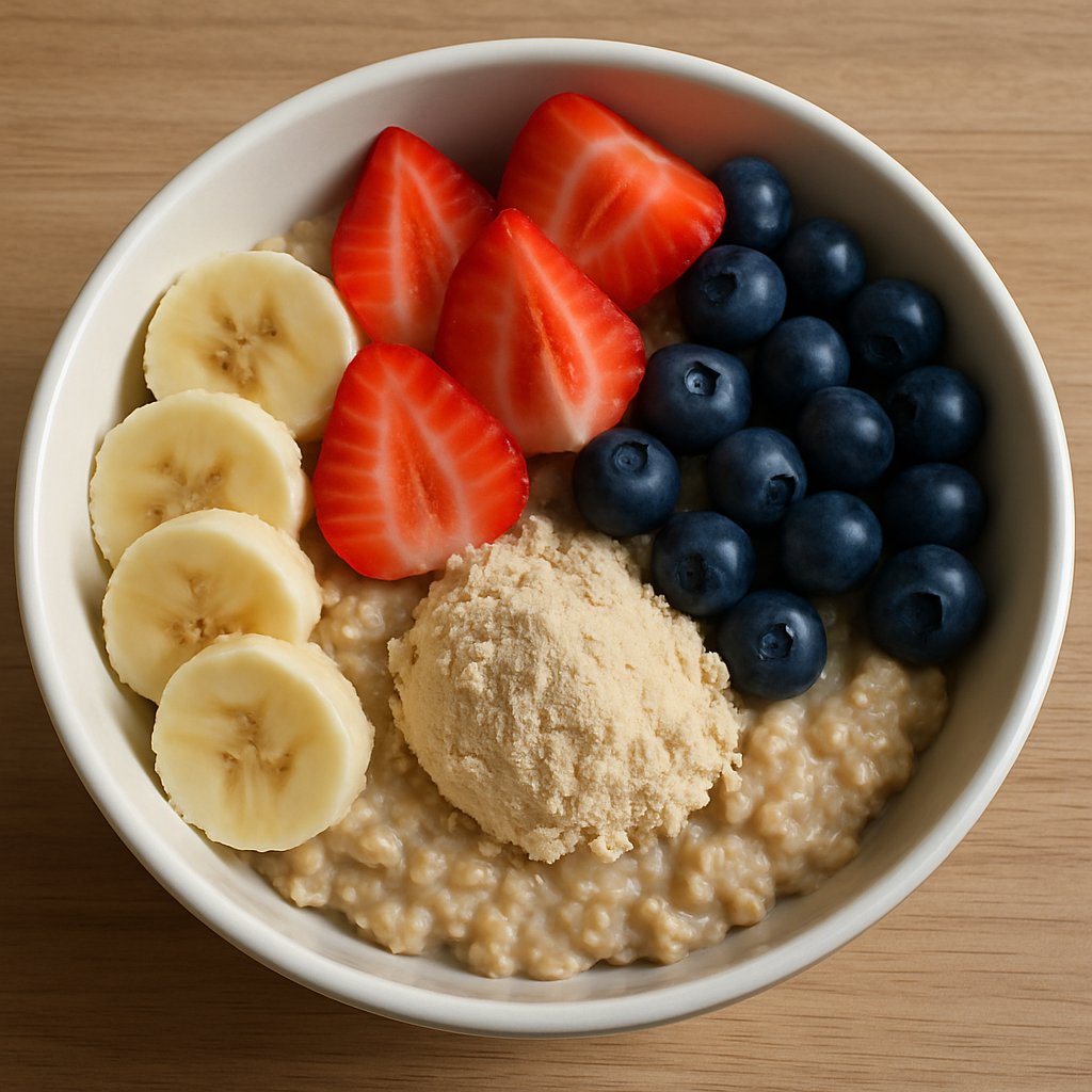Healthy protein-packed breakfast bowl featuring oatmeal, fresh fruit, and a scoop of protein powder mixed in