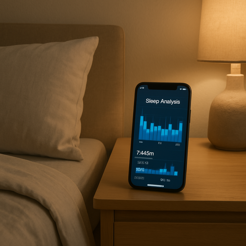 A peaceful bedroom setting with a smartphone on a nightstand showing a sleep analysis graph in English